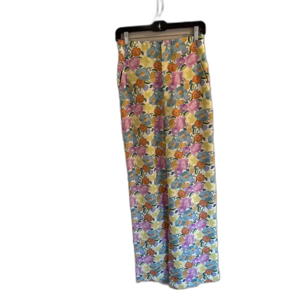 ZARA Multicolor Floral High Waisted Wide Leg Pants Size Small Boho Flowy Palazzo - Picture 2 of 9